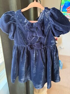 Janie and Jack Navy Velvet Bow Puff-Sleeve Dress